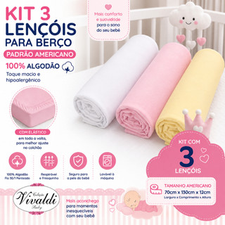 Kit 3 Lençol de Berço com Elástico Malha Americano 100% algodão coleção Vivaldi SulBrasil