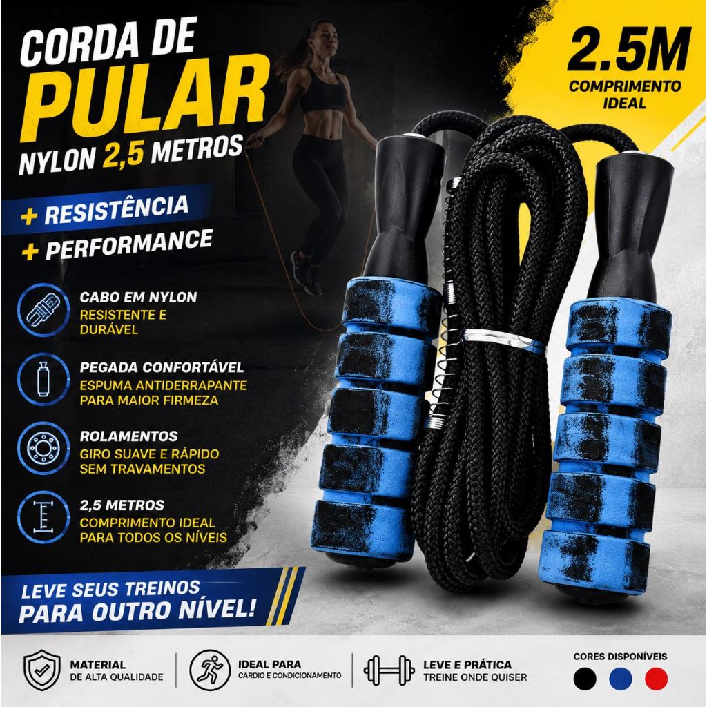 Corda de Pular em Nylon Trançado, cabo em espuma Treino funcional, Fitness, Crossfit