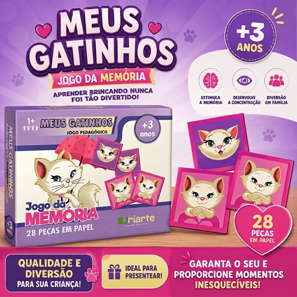 Jogo da Memória Meus Gatinhos Educativo Infantil Uriarte 28 Peças 3 Anos +