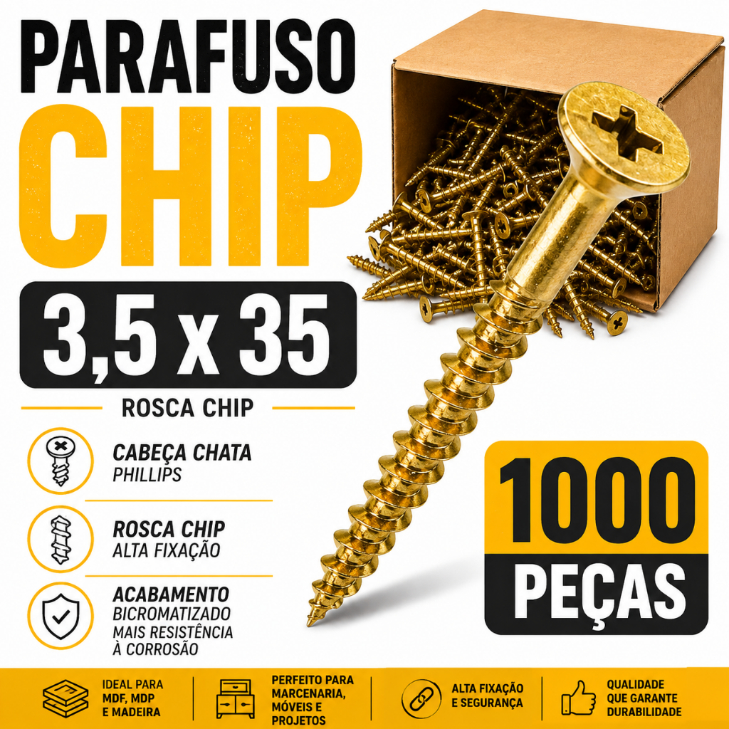 Kit Parafuso Chipboard 3,5x35 Phillips Madeira MDF MDP Marcenaria Móveis 100 200 500 1000 Peças