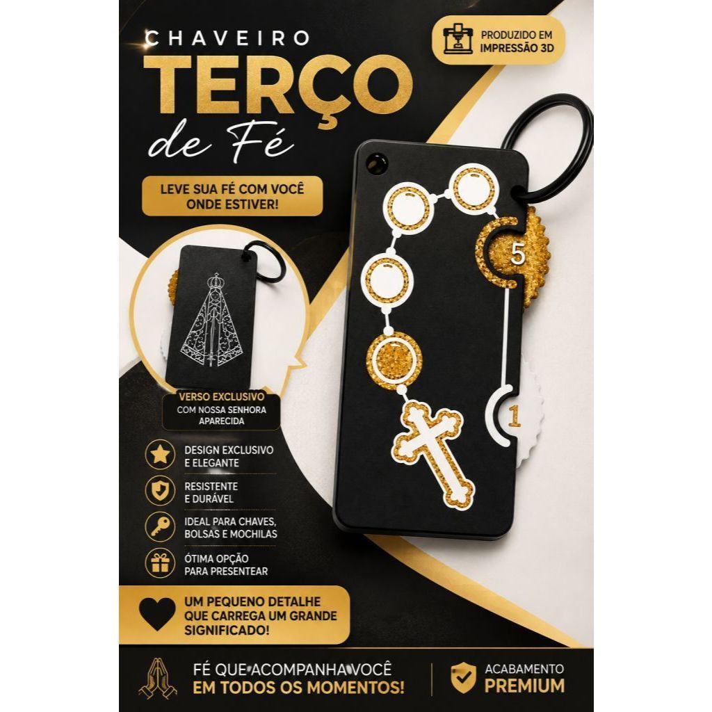 Chaveiro Rosário Terço 3D Nossa Senhora Aparecida Religioso Católico Presente Fé Chave Carro Bolsa Mochila Personalizado