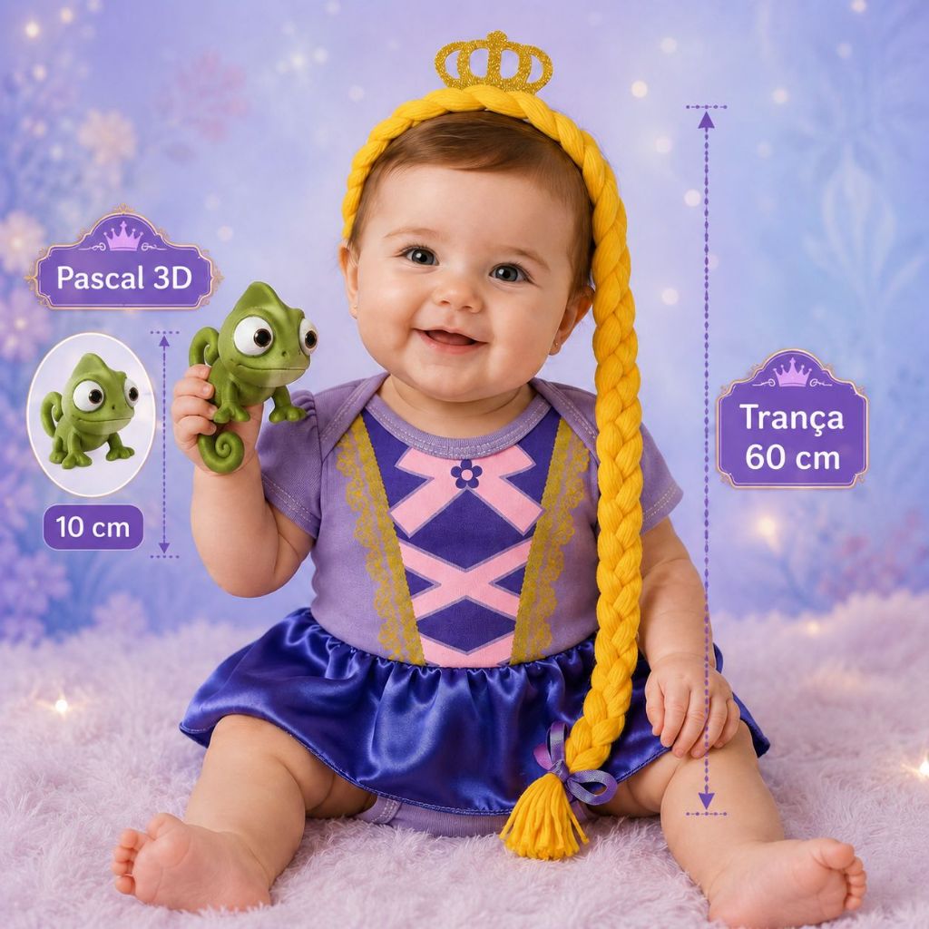 Body + Tule + Tiara Bebê Fantasia Mesversario Menina - Princesa Rapunzel