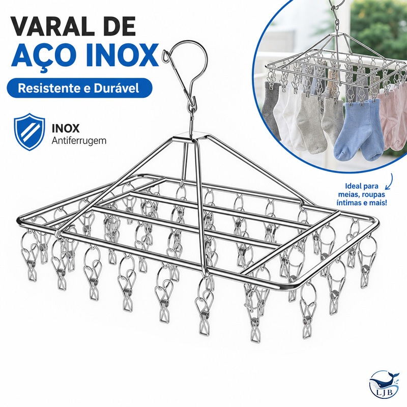 Varal 60/40 Clips Inox Prendedores Roupa Calcinha Cueca Dobrável Inox  Reforçado TJ