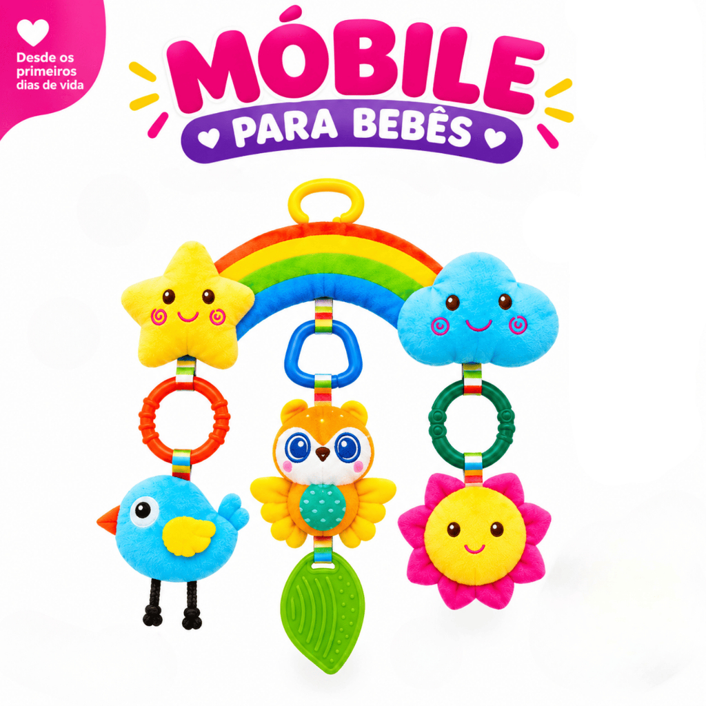 Móbile Sensorial para Carrinho e Berço de Bebê com Chocalho e Mordedor