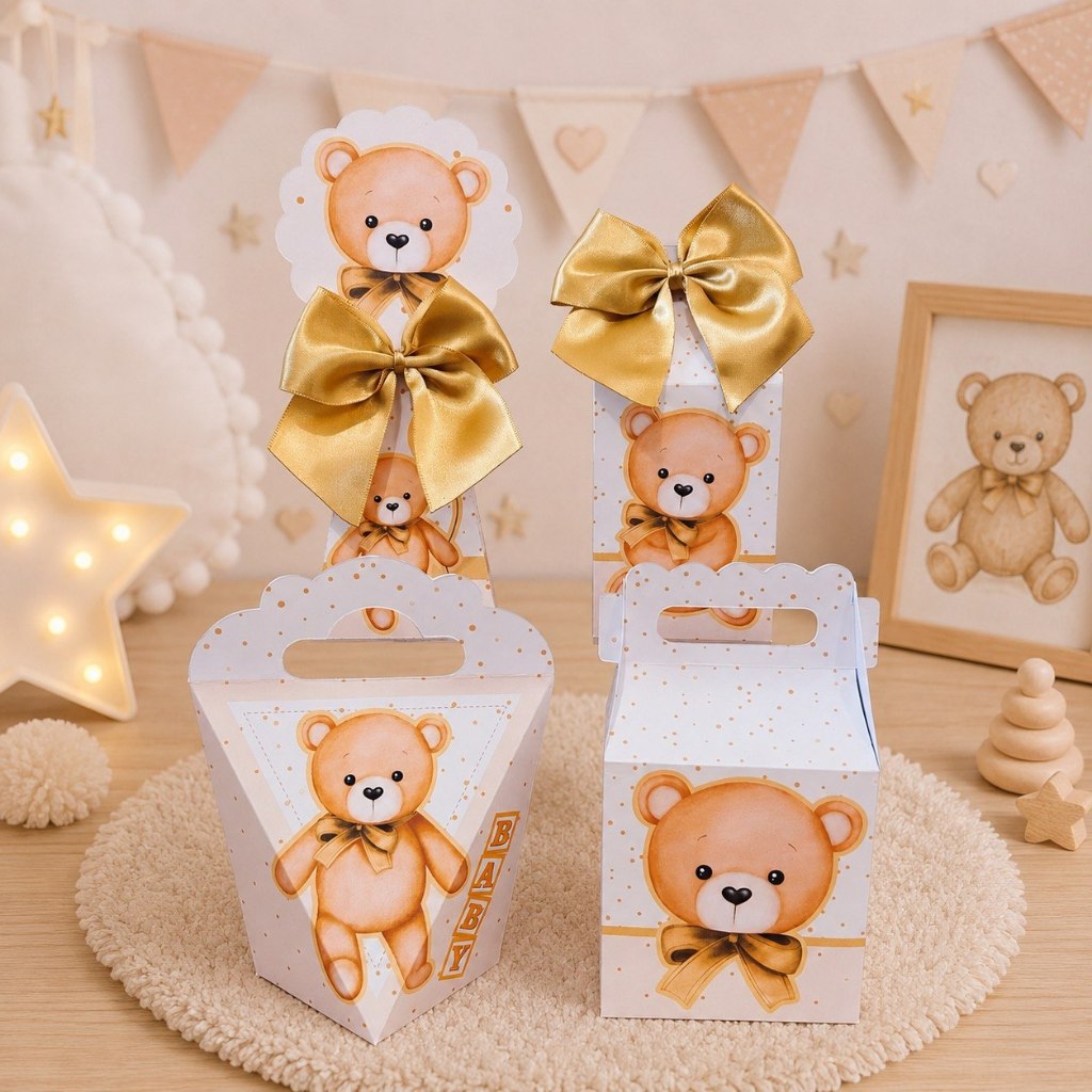 Ursinho Bege com dourado Kit caixas à pronta entrega-Lembrancinha de festa-Chá Revelação-Fraldas