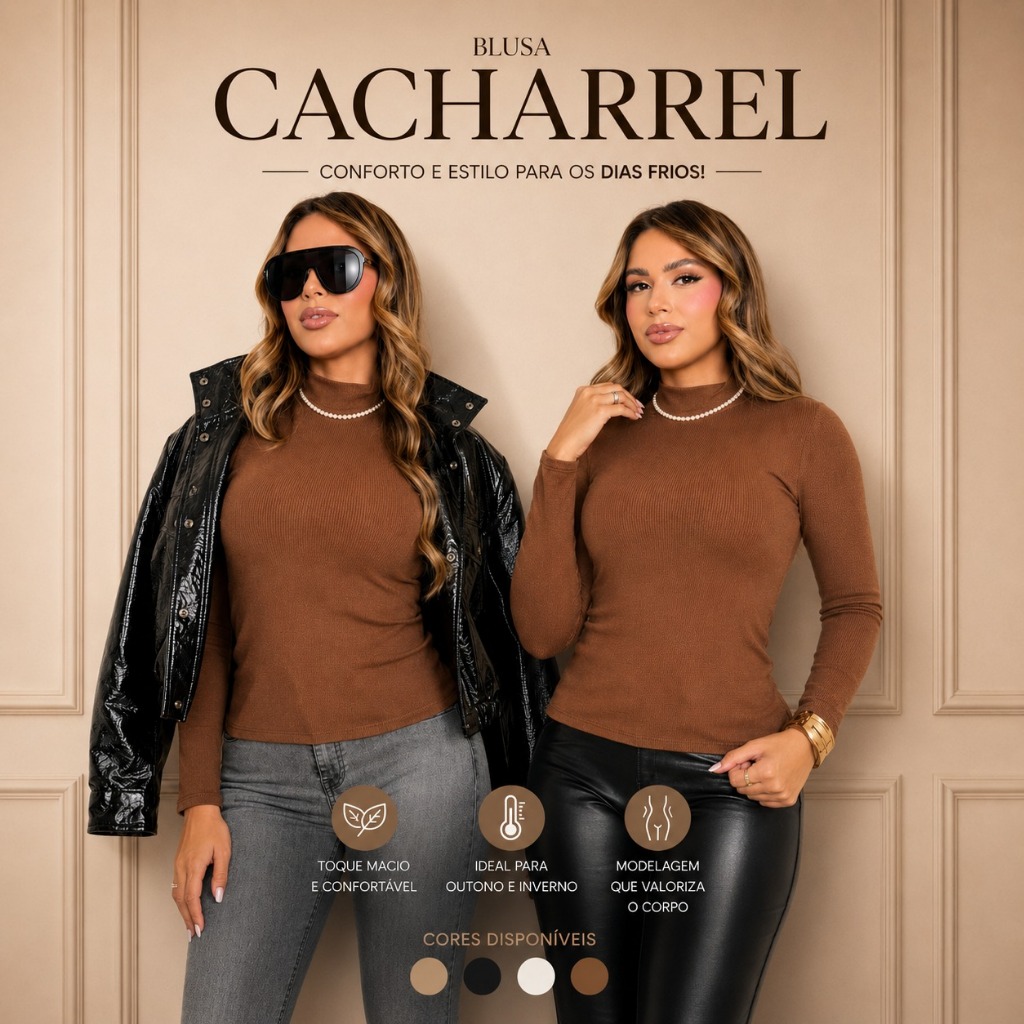 Kit 2 Blusa Cacharrel Manga Longa Tecido Macio Ribana Canelada Moda Feminina Gola Alta Outono Segunda Pele