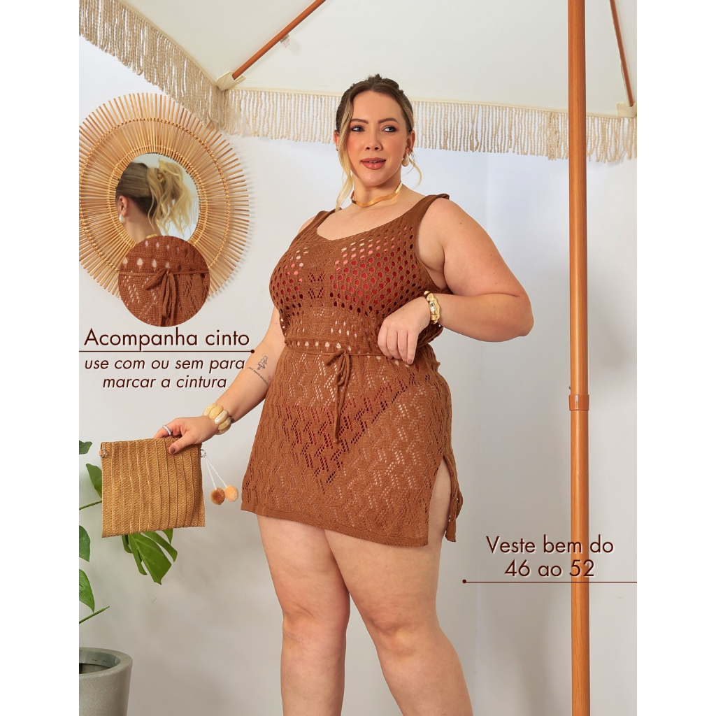 Saída de Praia Plus Size Vestido Curto Crochê Tricot Amarração 46 48 50 52 GG G1 Verão — imagem 2 de 2
