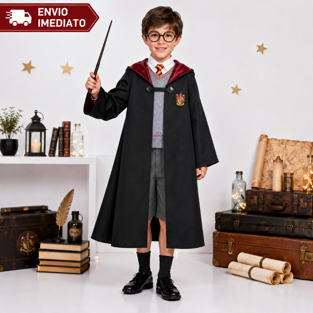 Fantasia Bruxo Infantil Completa Menino Capa Varinha Óculos Gravata Camiseta Shorts Halloween Dia das Crianças