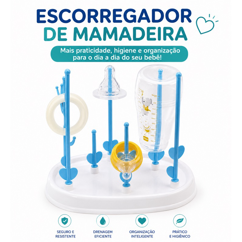 Escorredor Suporte Multifuncional para Mamadeiras Chupetas Bicos e Copos Portátil