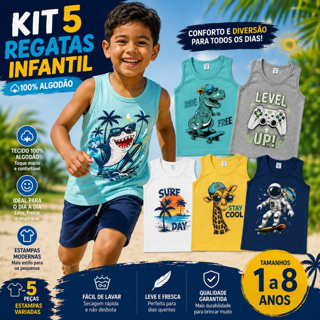 Camiseta regata machão infantil menino, kit com 5, 100% algodão tamanho 2, 4, 6, e 8 anos, cores e estampas variadas.