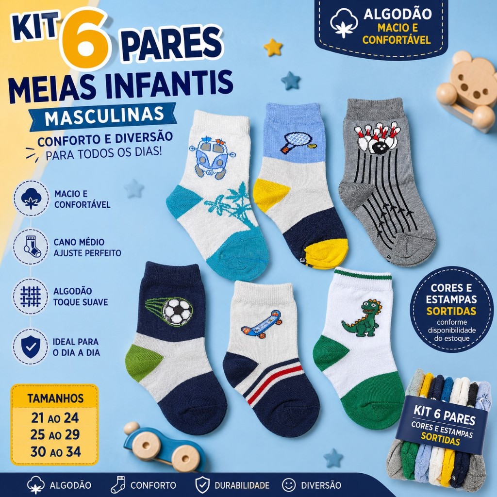 Kit 6 Pares Meia Infantil Masculina Algodão Estampada Menino Tam 21 ao 34 Cores Sortidas