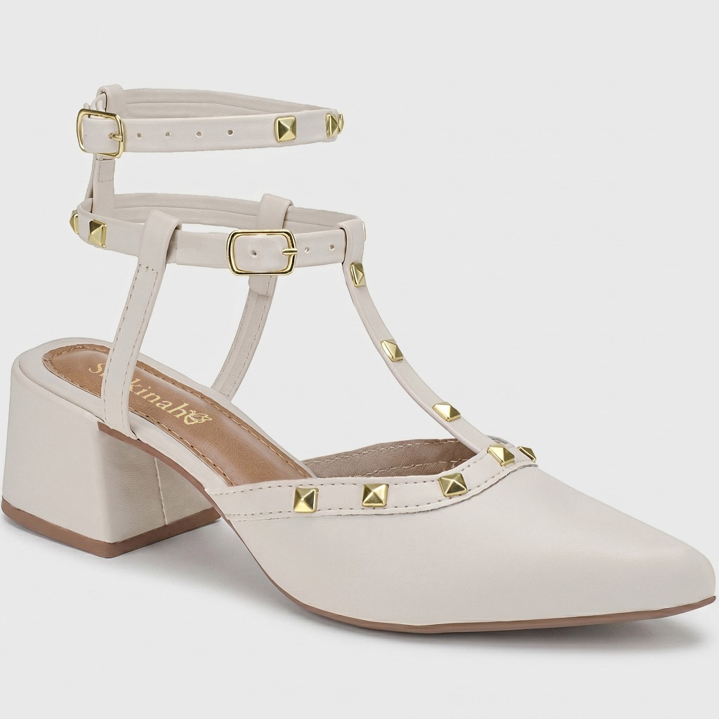 Sapato Scarpin Shekinah Salto Bloco Pirâmides Spikes Cravinho Tachas Moda