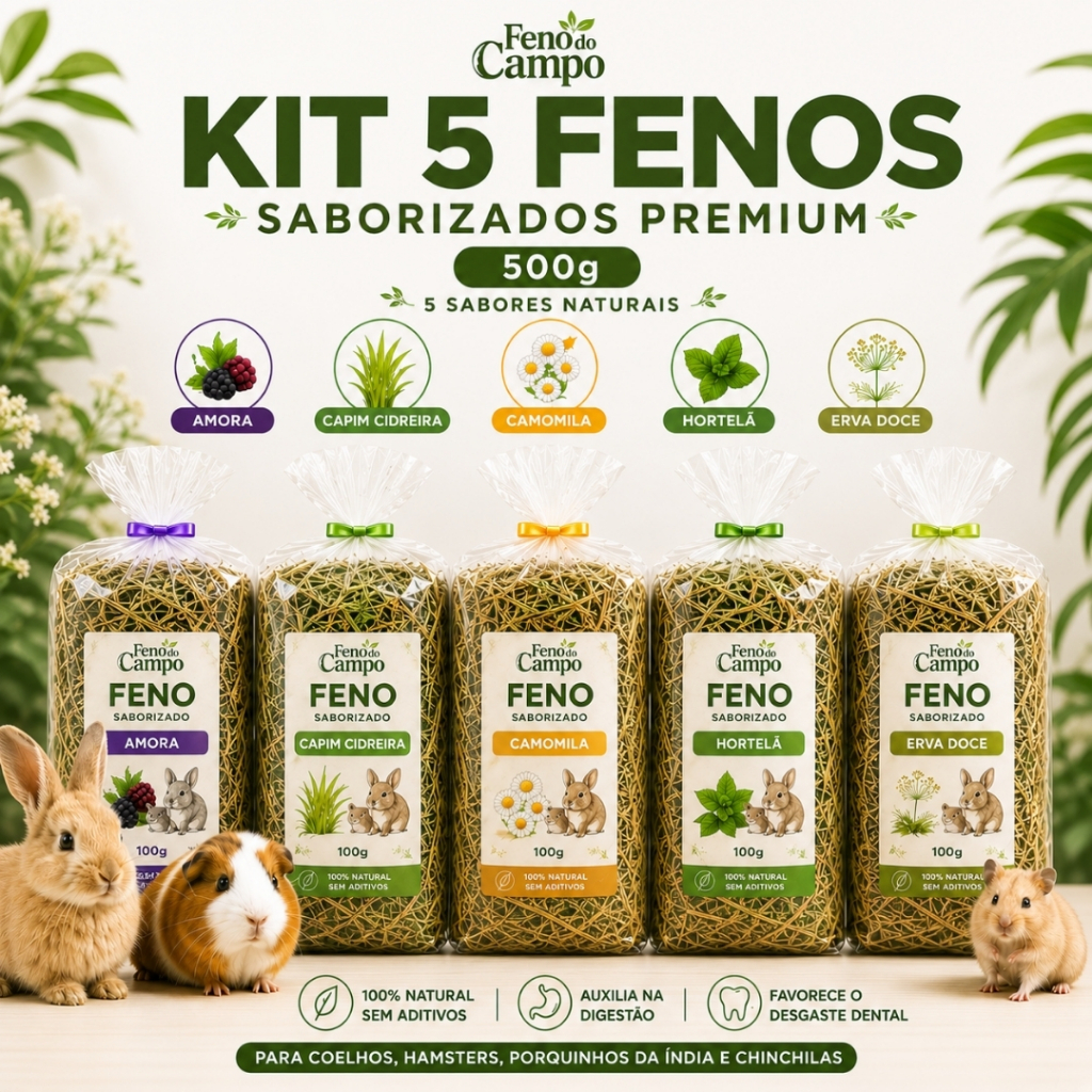 Kit Feno Premium 5 Sabores Naturais 500g para Coelho Hamster Porquinho da Índia e Chinchila