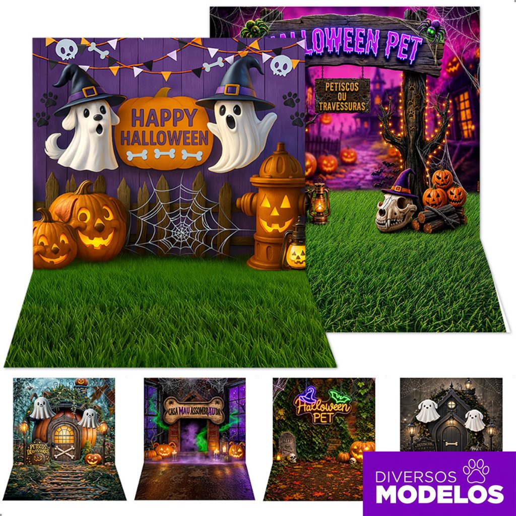 Fundo Fotográfico Pet Halloween 1,20x1,70m Cenário Painel Pet Shop para Fotos Sublimado Em Tecido