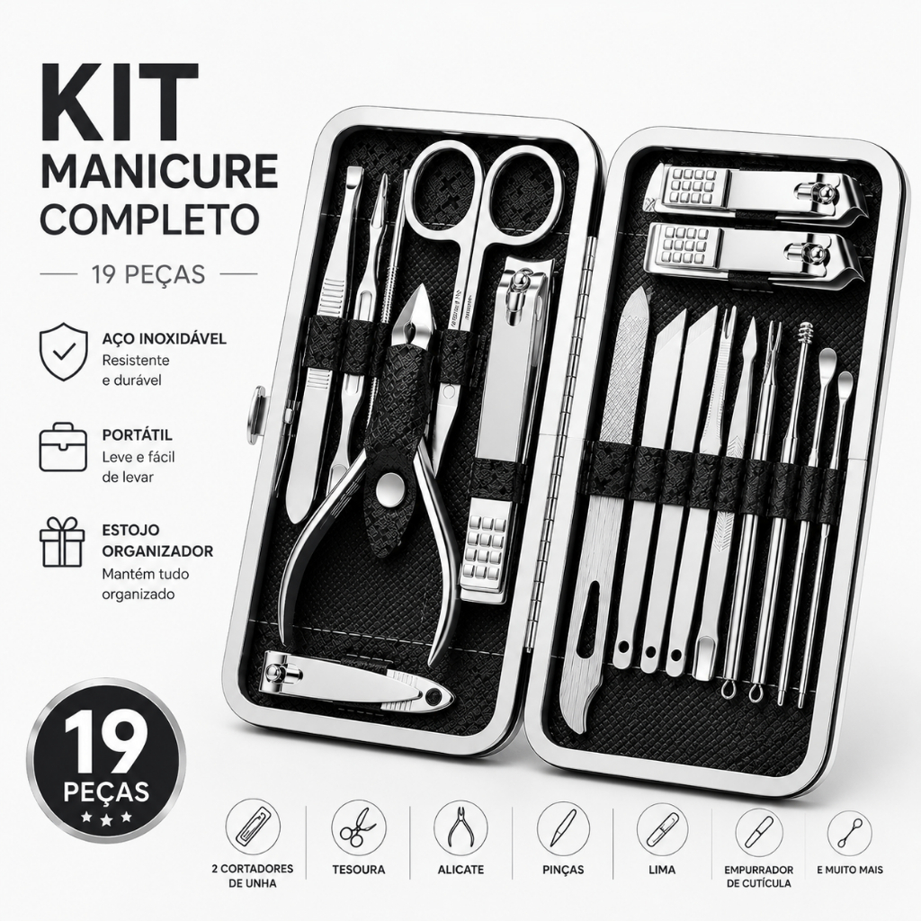 Kit Manicure Completo Portátil Cortador de Unha com Estojo Organizador Pinça Tesoura