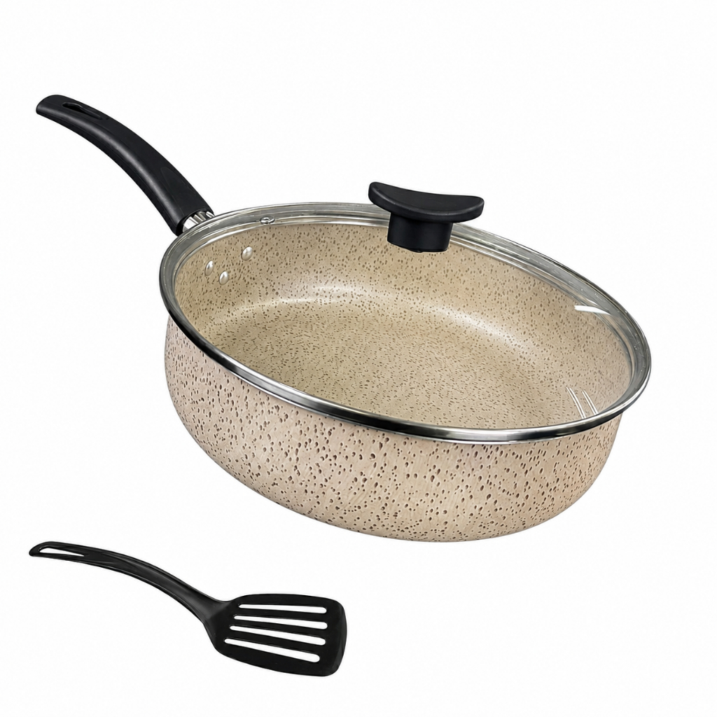 Frigideira Antiaderente Alta 6 Camadas de Teflon 18 cm Cor Vanilla Bege Marrom com Tampa e Espátula