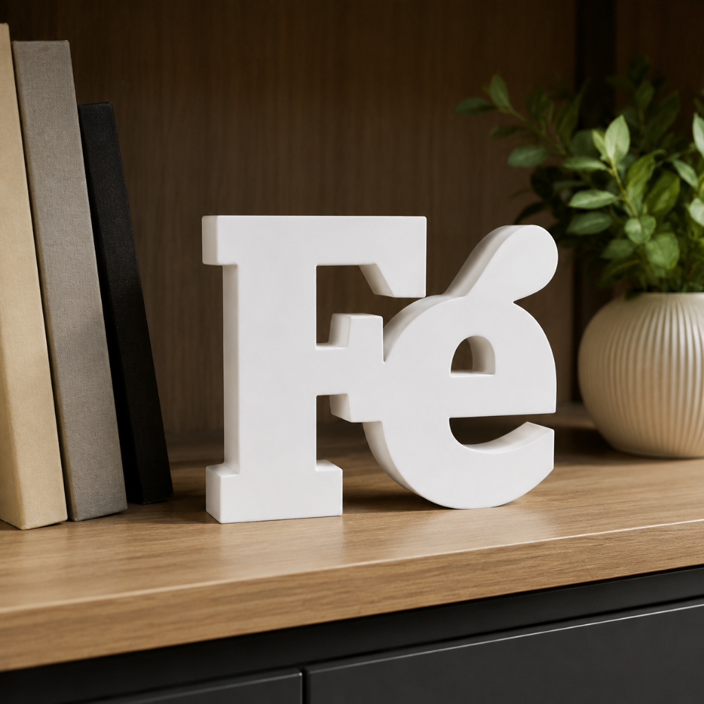 Escultura Palavra Fé Decorativa Minimalista Cristã Religiosa  Casa Sala Quarto Escritório Estante Rack Aparador