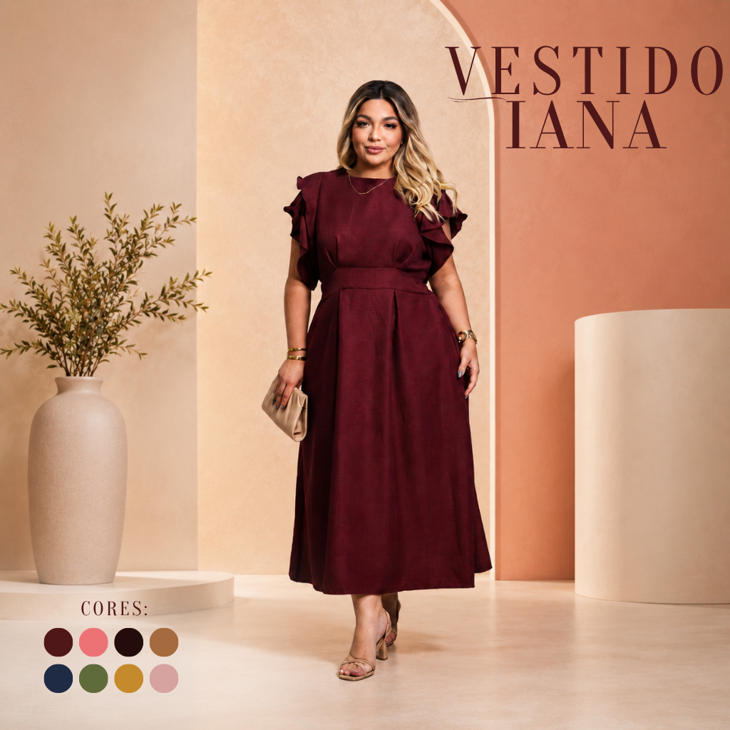 Vestido Longo Plus Size Feminino – Soltinho, Estiloso e com Babado nas Mangas para Natal e Ano Novo