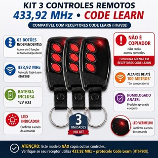 Kit 03 Controles remoto de portão eletronico universal 03 botões 433,92 mhz hombrus