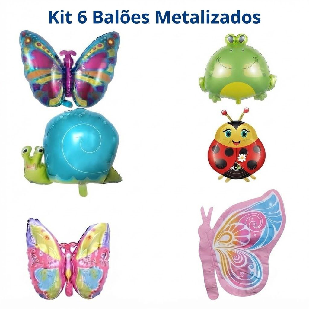 Kit 6 Balões Metalizados Jardim Encantado Borboleta, Sapo, Joaninha e Caracol