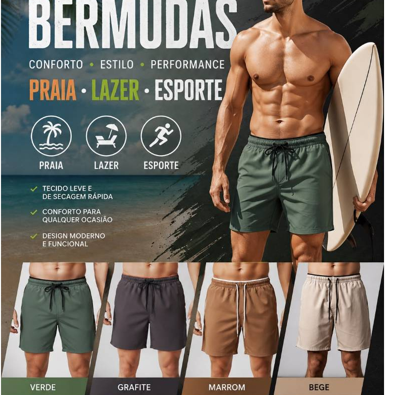 KIT BERMUDA TACTEL COM ELASTANO PREMIUM MASCULINO. Corrida, Academia, Praia, Treino,Calção