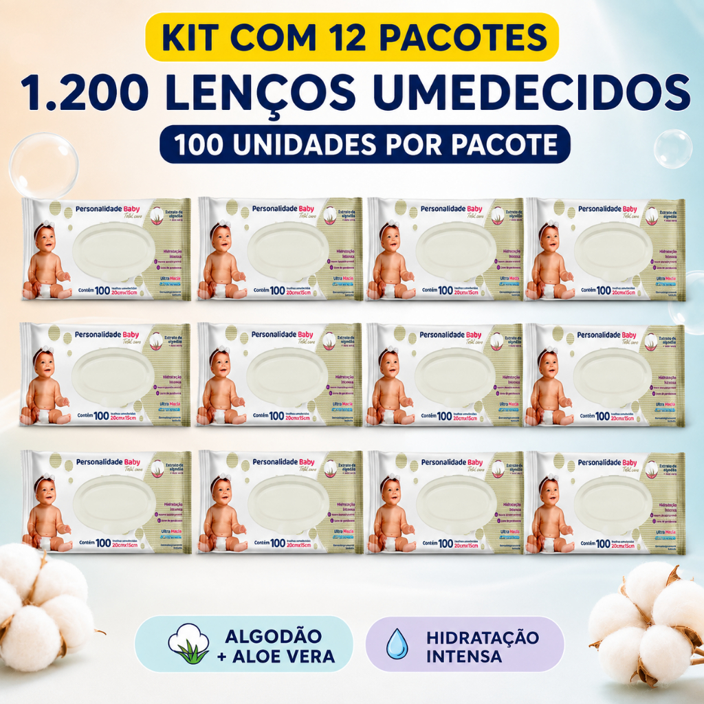Kit 12 Lenços Umedecidos Personalidade Baby 1200 Unidades Aloe Vera