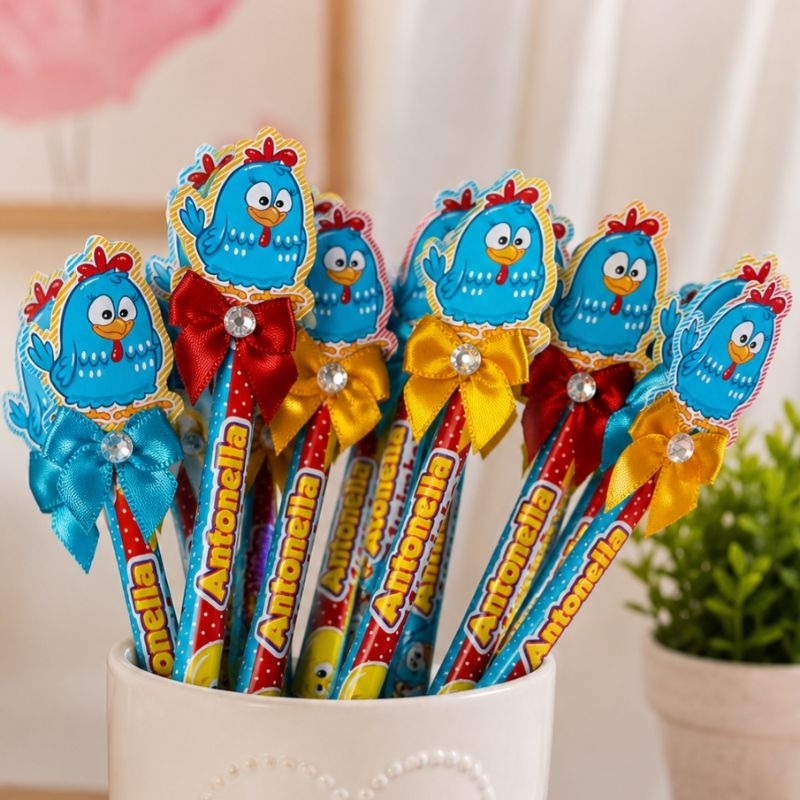 10 Lapis Personalizado Festa Infantil Lembrancinha Galinha Pintadinha Aplique Tag Topo e Laço Luxo