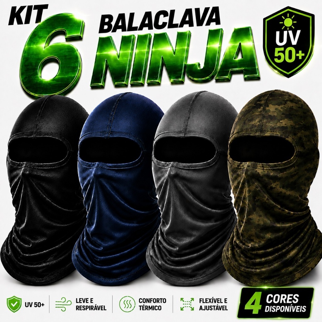 Kit 6 Touca Ninja Balaclava Motoqueiros Militar Tatica Frio Máscara Moto proteção solar raios UV 50+ térmica