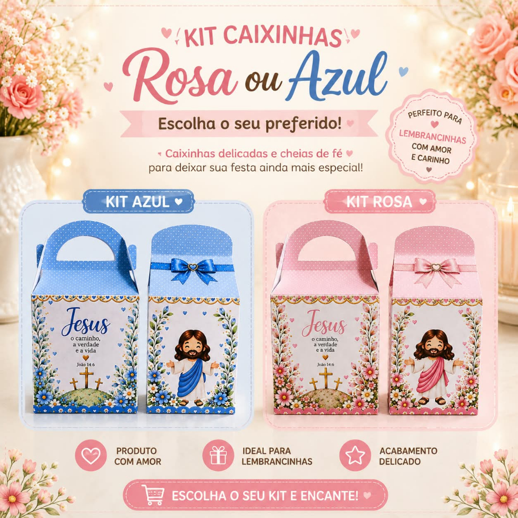 Caixinha Personalizada Religiosa Jesus Lembrancinha Batizado Primeira Comunhão Rosa ou Azul Crisma
