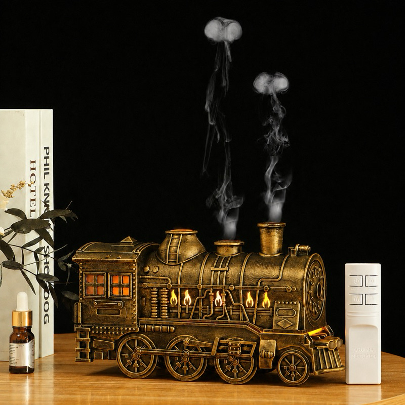 Difusor Aromatizador Ultrassônico Trem Vintage 300ml com Controle Remoto, Luz LED, Névoa e Timer