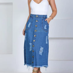Saia Midi Jeans Moda Evangélica Algodão Cintura Alta