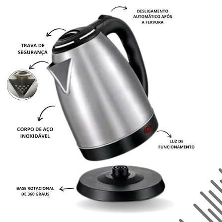 Chaleira Elétrica de Aço Inoxidável 2L - Desligamento Automático e Base Rotacional