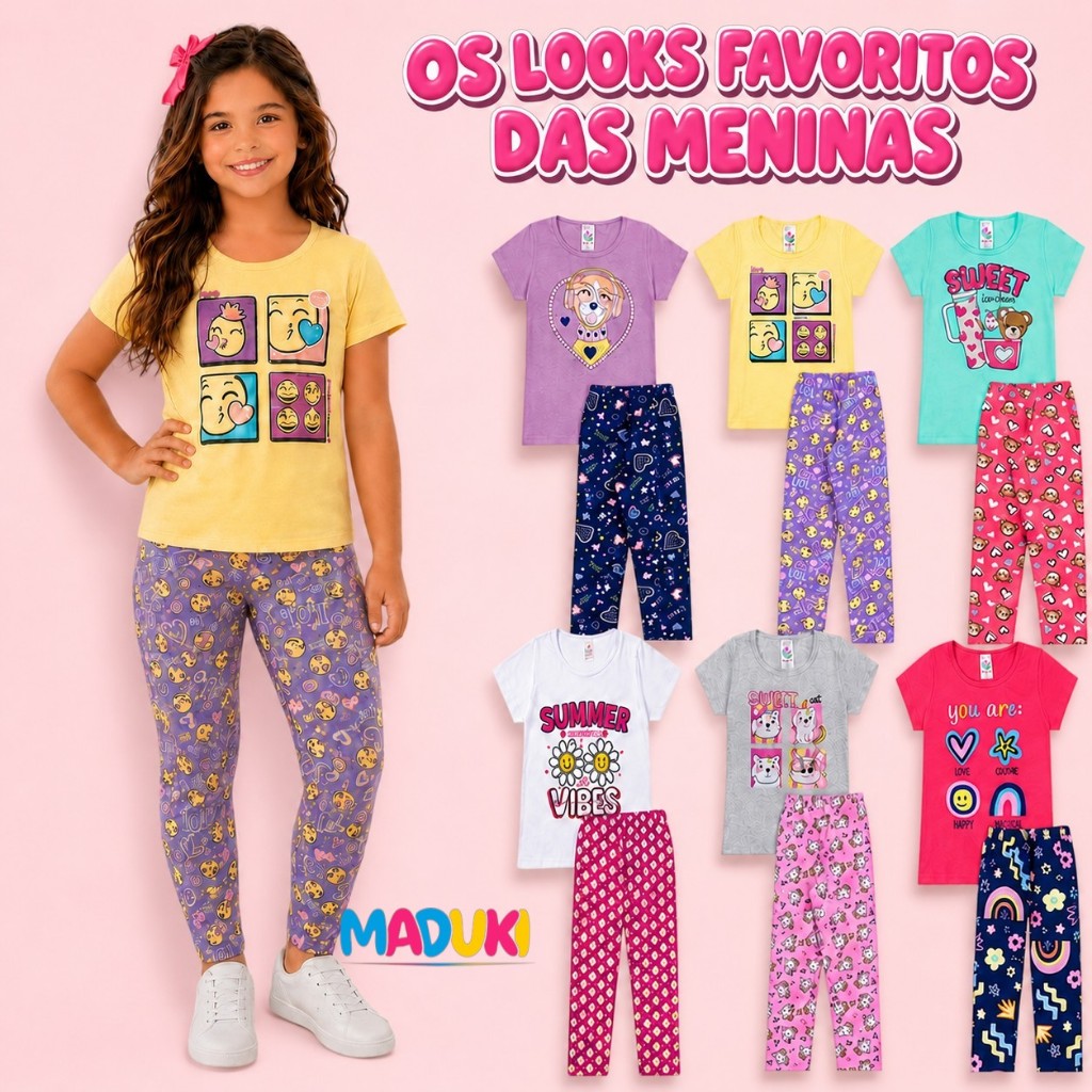 Kit 4 Peças Infantil Juvenil Menina Camiseta e Legging - Tamanhos 1 a 16 - Conjunto Infantil Menina