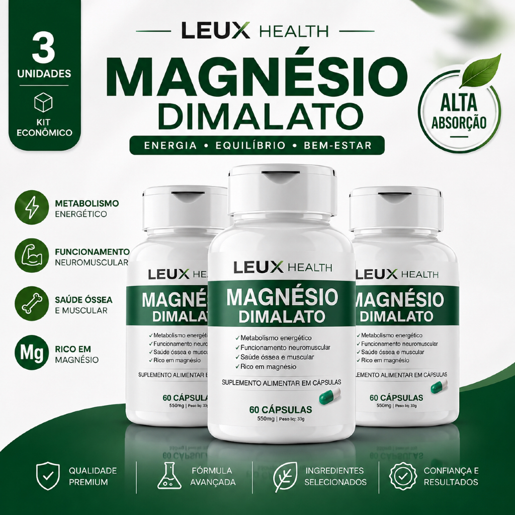 Magnésio Dimalato 550mg 60 Cápsulas, Mais Energia, Disposição, Memória, Saúde Muscular e Óssea e Bem-Estar. Envio rápido