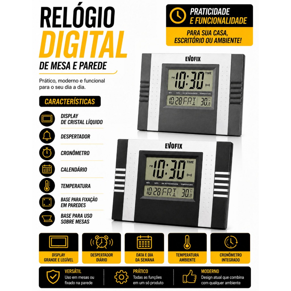 Relógio Digital de Mesa e Parede com Despertador Calendário Cronômetro e Temperatura