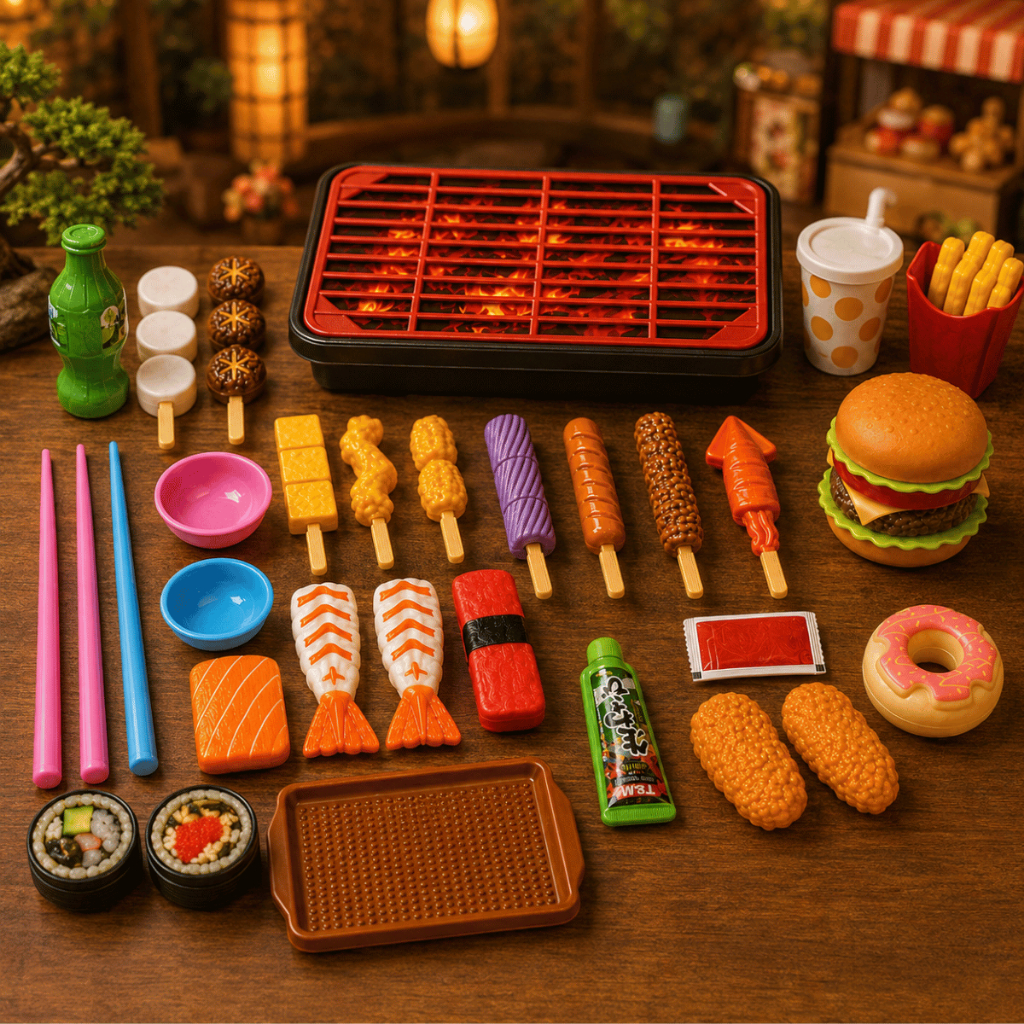 Kit Brinquedo Infantil Comidinhas Sushi Hamburguer Fast Food Churrasco Espeto Menina Cozinha 34 Pçs