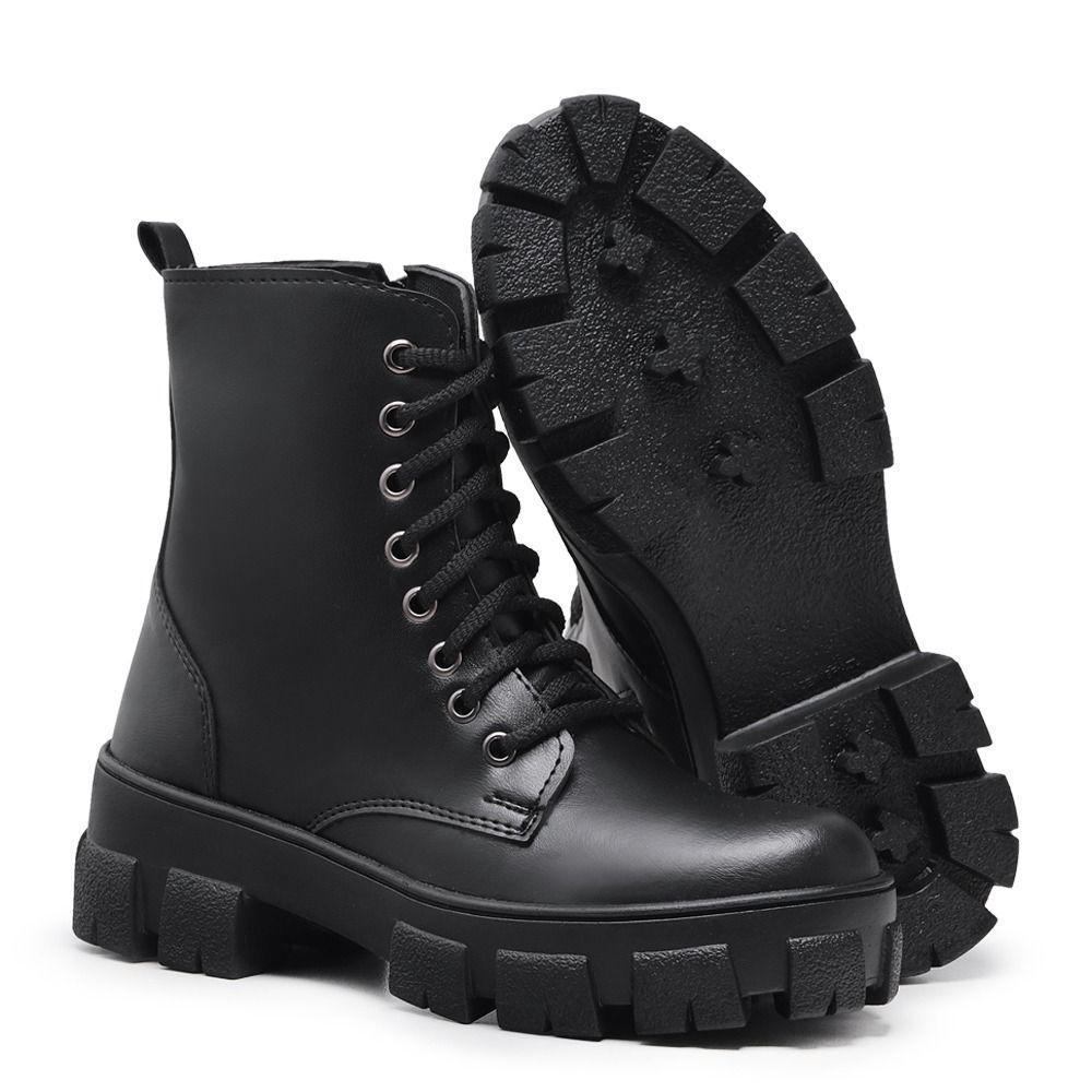 Coturno Feminino Preto Bota Tratorada Cano Médio com Cadarço Bota Casual Feminina