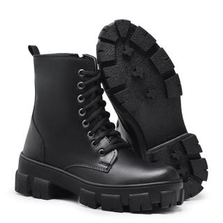 Coturno Feminino Preto Bota Tratorada Cano Médio com Cadarço Bota Casual Feminina