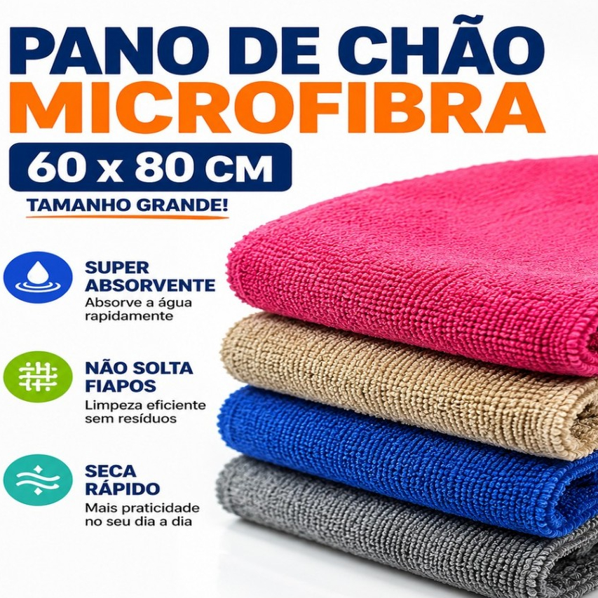 Pano de Chão Microfibra 60x80cm Super Absorvente Não Solta Fiapos Seca Rápido