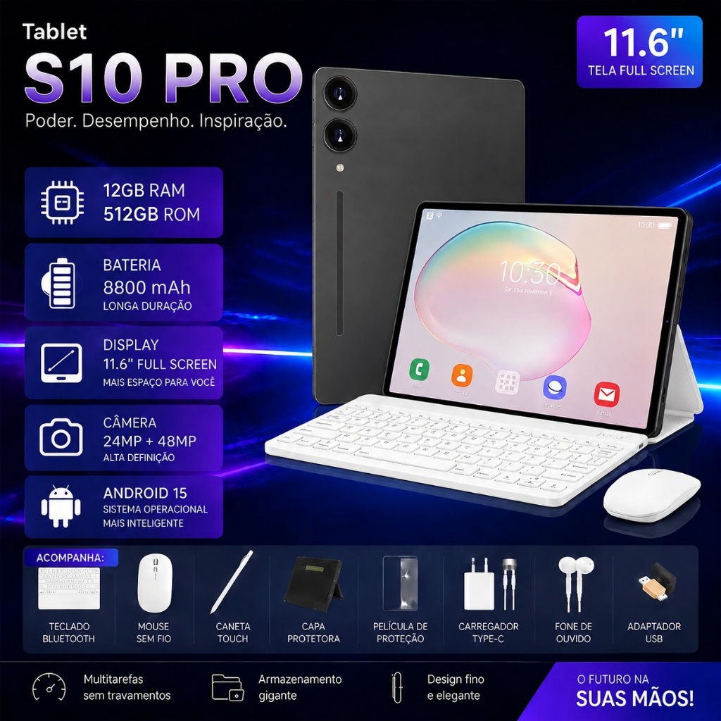 Tablet Galaxy S10 PRO 11,6" 12GB RAM 512GB ROM Android 15 5G LTE com Teclado e Mouse Bateria 8800mAh Câmera 24MP + 48MP