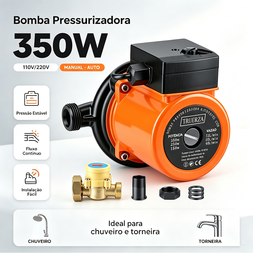 Bomba Pressurizadora de Água 350W Automática Silenciosa 72L/min 18MCA para Chuveiro e Torneira (110V/220V)