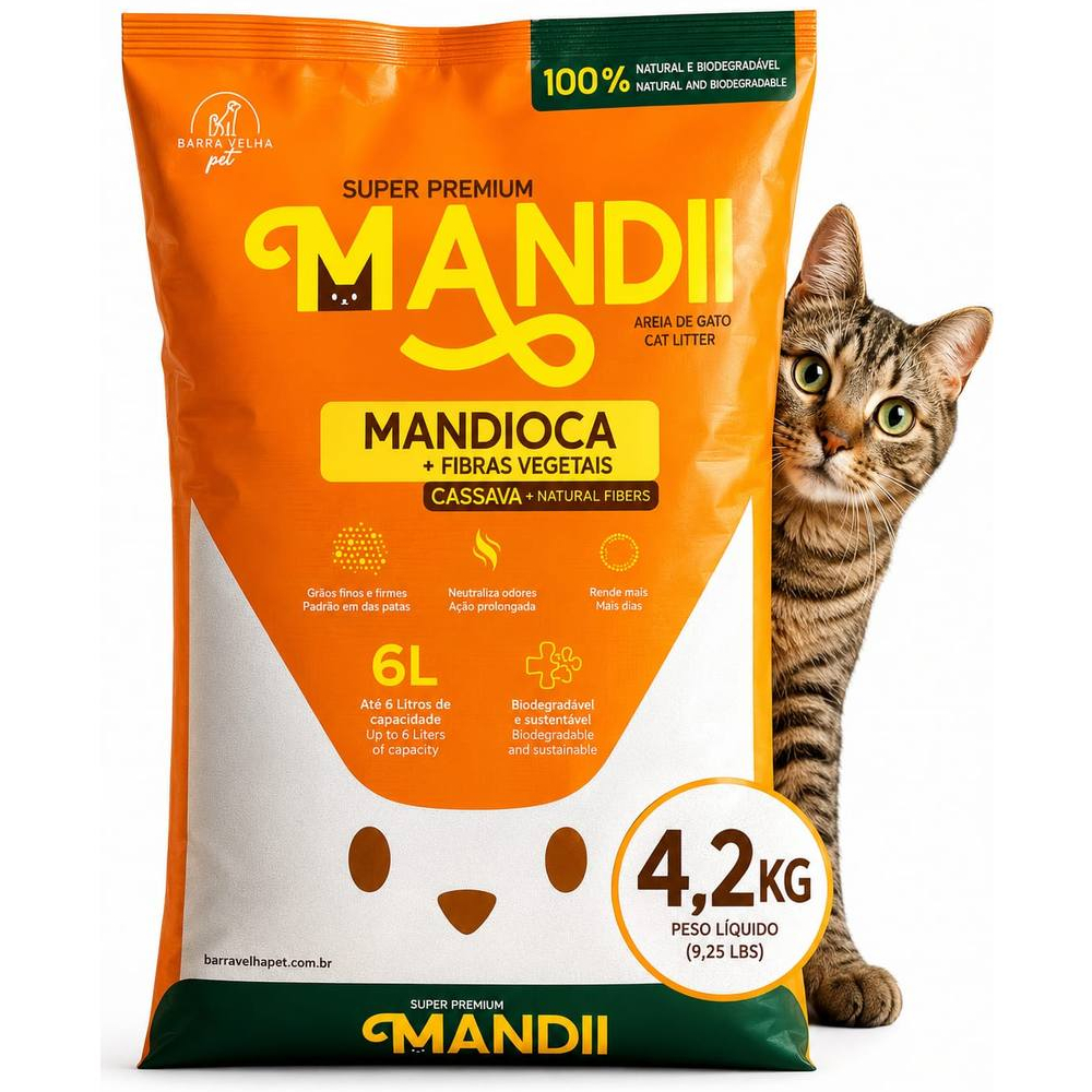 Areia Higiênica Para Gatos Mandii 4,2kg De Mandioca Com Fibras Vegetais 100% - Envio Imediato -