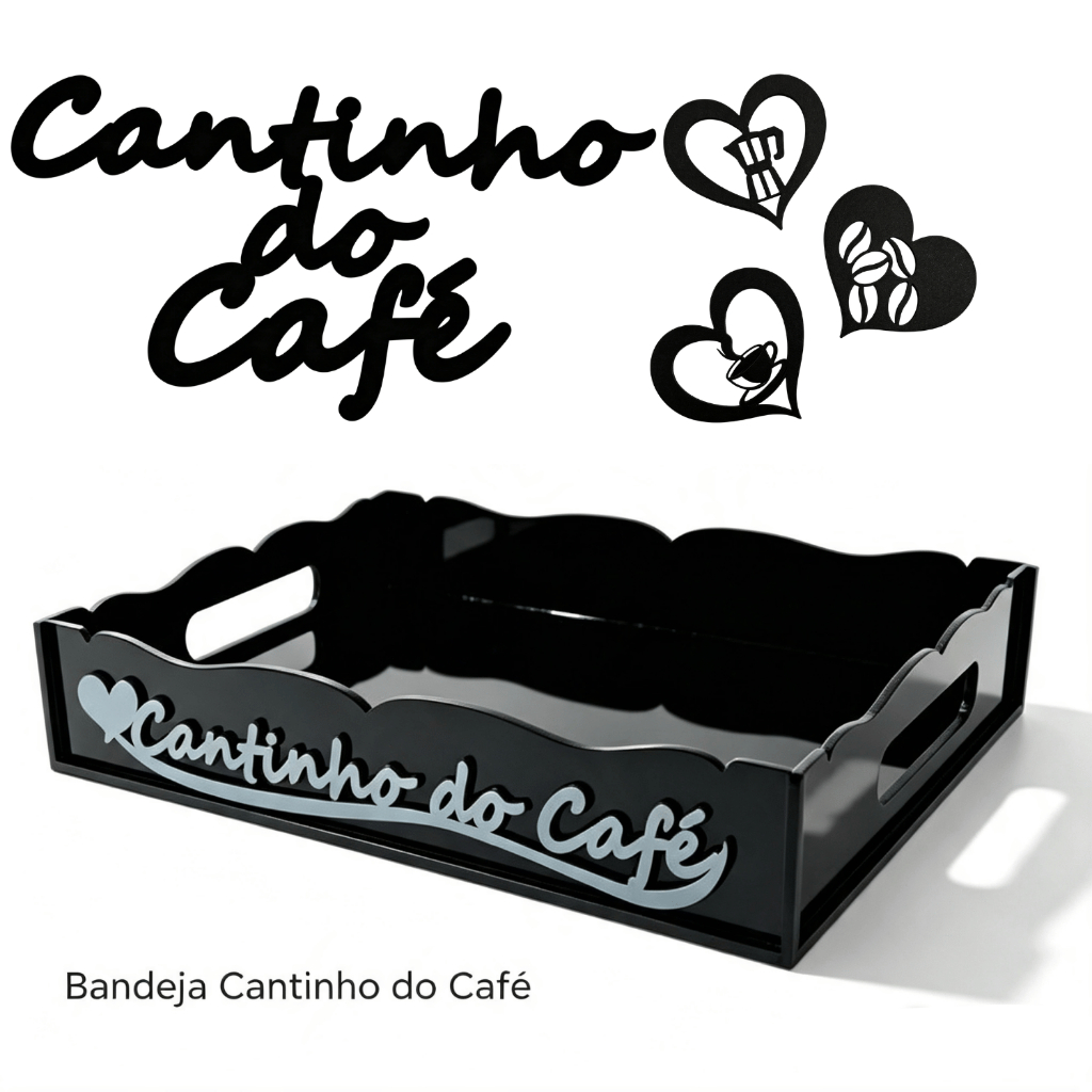 Bandeja Cantinho do Café em MDF Preto 32x22cm + Apliques Decorativos para Parede Decoração Cozinha Charmosa Organizador