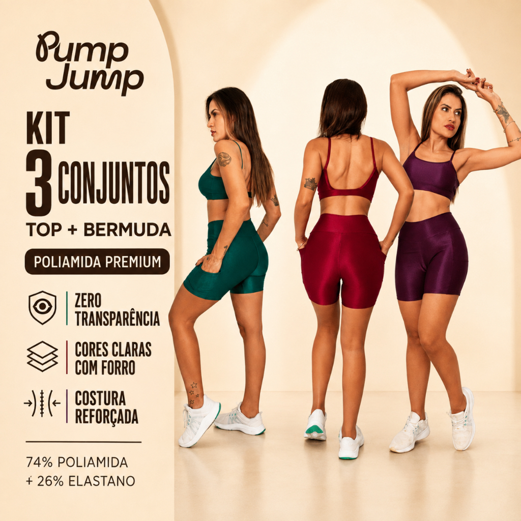 Kit 3 Conjuntos Bermuda com Bolso + Top Fita Alta Compressão Poliamida Fitness Feminino Zero Transparência