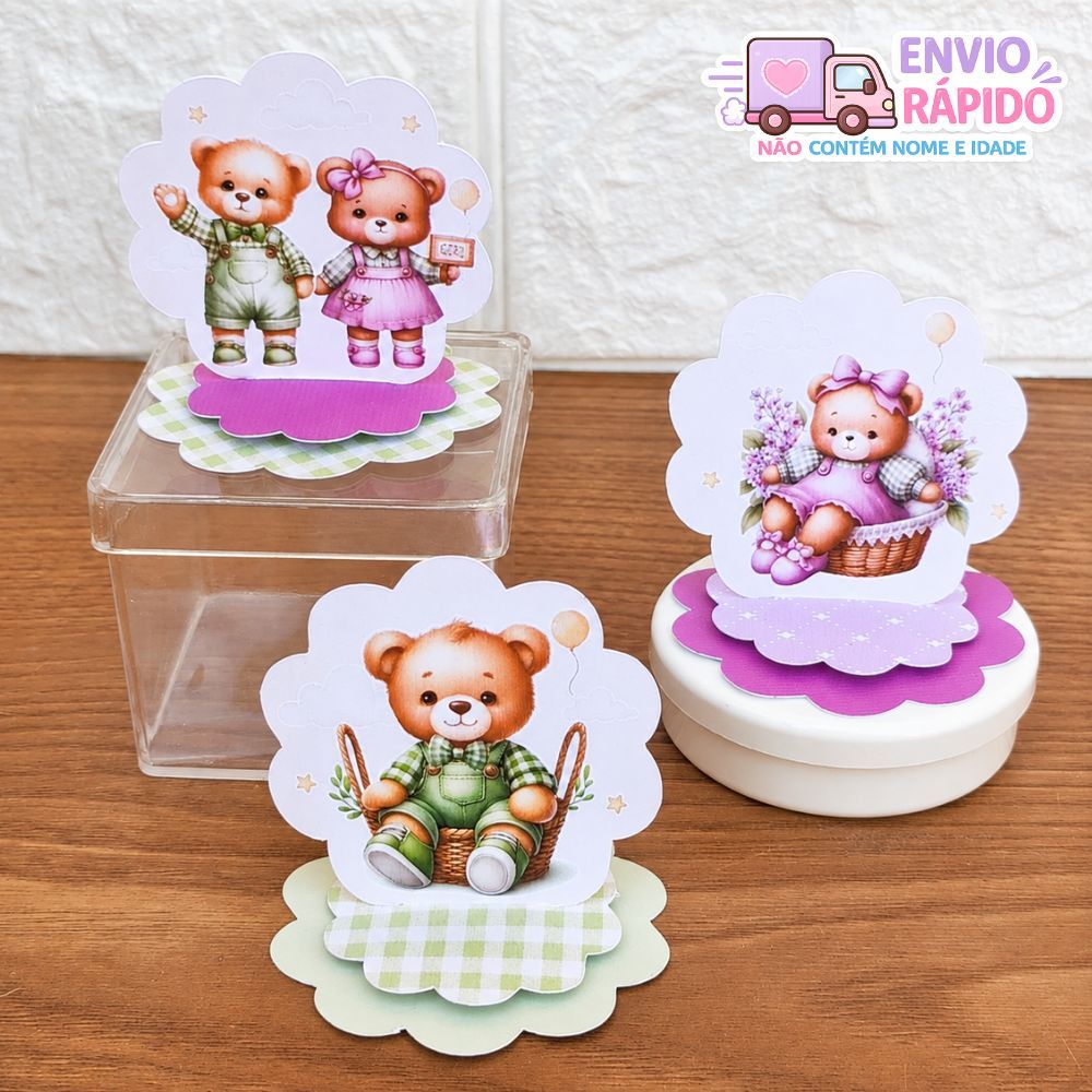 Kit Aplique 3D Cenário em Pé Chá Revelação Chá de Bebê Ursinho Lilás e Verde Tag para Lembrancinhas Festa Infantil