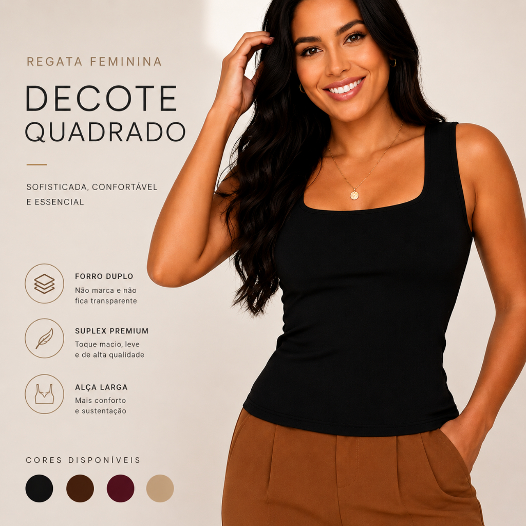 Regata Feminina Decote Quadrado Suplex Poliamida Premium Forro Duplo Alça Larga Elegante Confortável