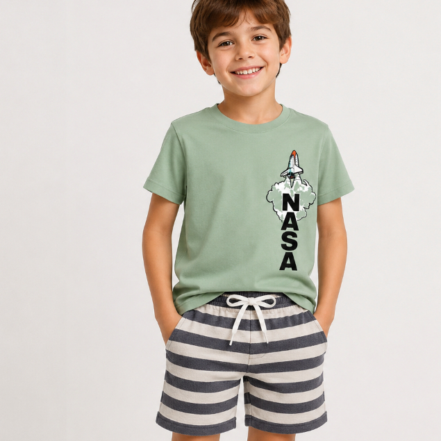 Conjunto Infantil Menino Camiseta Estampada e Bermuda com Cordão Decorativo