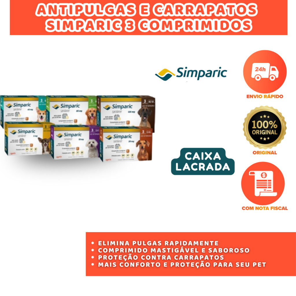SIMPARIC ANTIPULGAS PARA CÃES 3 COMPRIMIDOS AÇÃO RÁPIDA E DURADOURA