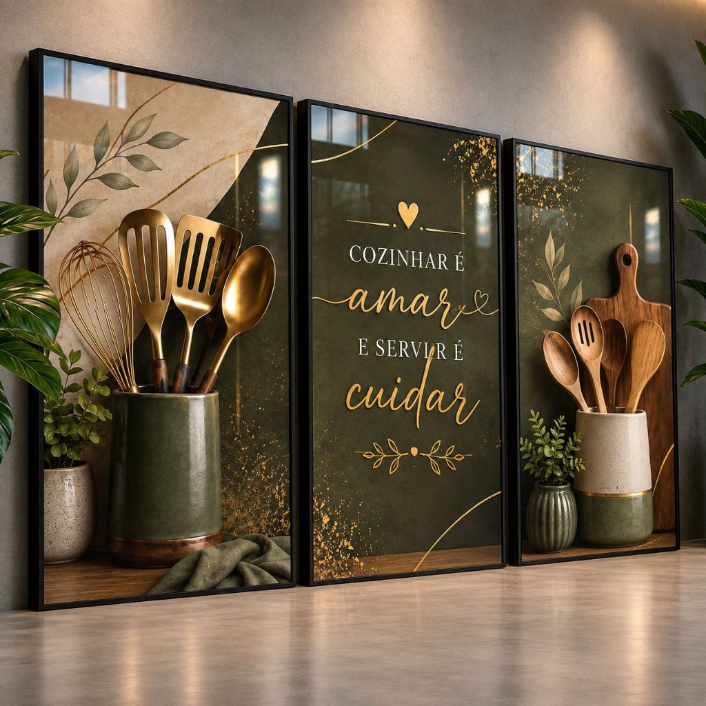Kit 3 Quadros Decorativos Verde Dourado para Cozinha e Área Gourmet Frase Cozinhar é Amar Utensílios Rústico Chic