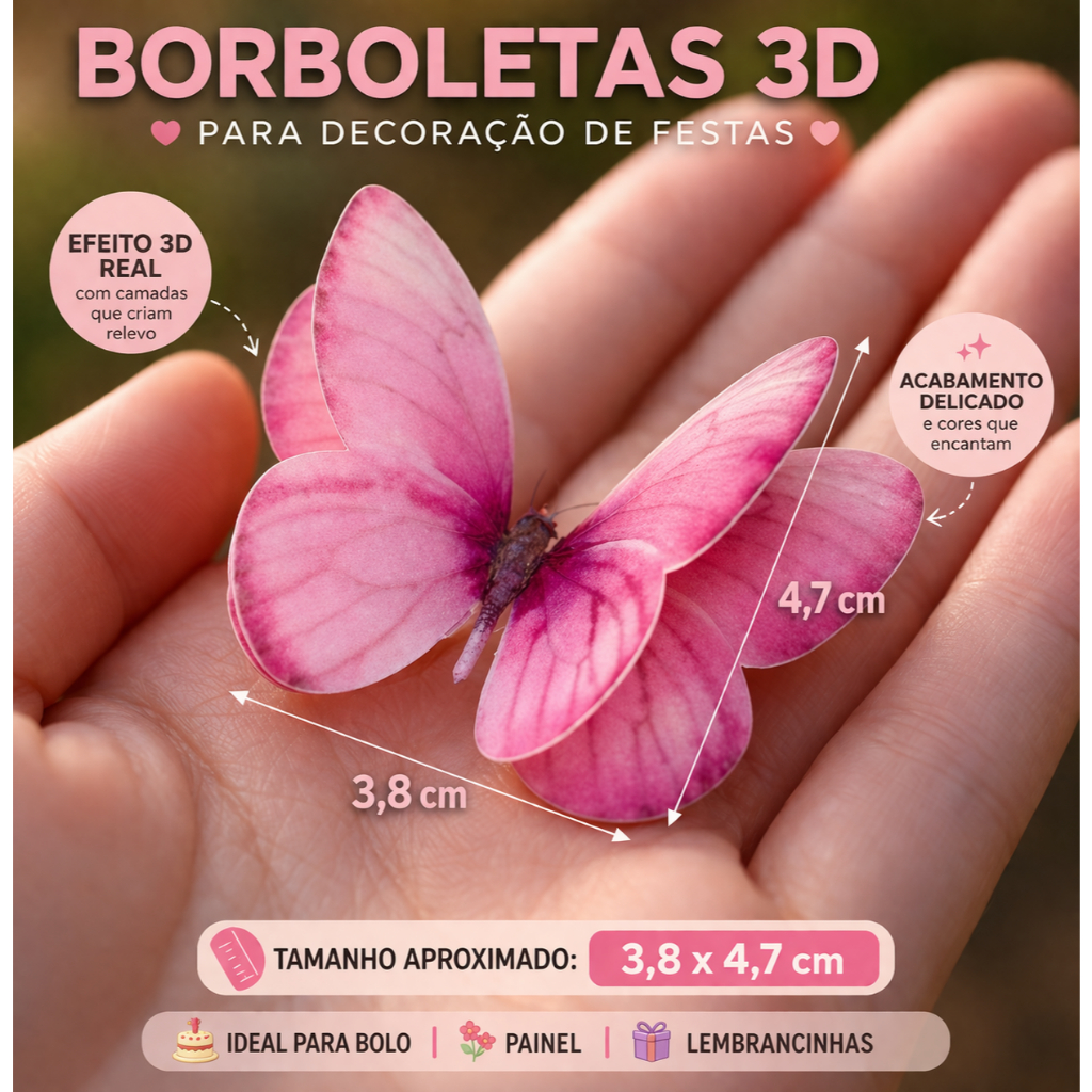 Borboletas 3D Papel Vegetal para Decoração de Festas, Bolo, Painel, Lembrancinha| Aplique Borboleta 3D Kit 12,25 ou 50
